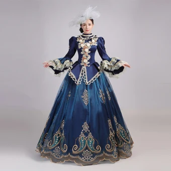 Vintage Retro Medieval Navy Blue Ball Gown Prom Dresses 2021 Long Sleeve High Neck Floor Length Long 3d Lace Flower Embroidered Cosplay Prom Formal Dresses