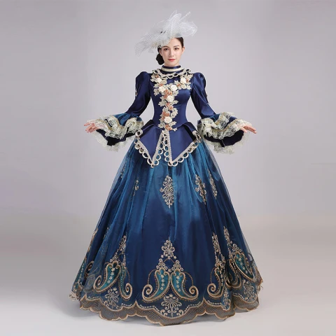 Vintage Middelalder Mørk Marineblå Ballkjole Ballkjoler 2021 Langermede Høy Hals Lange 3D Lace Blomst Brodert Cosplay Ball Formelle Kjoler
