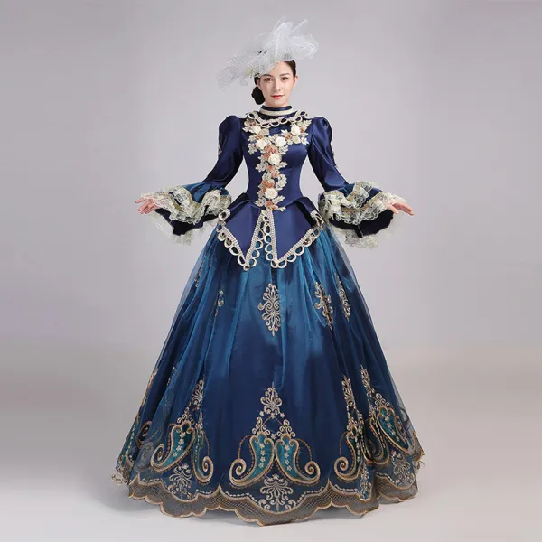 Vintage / Retro Medieval Navy Blue Ball Gown Prom Dresses 2021 Long Sleeve High Neck Floor-Length / Long 3D Lace Flower Embroidered Cosplay Prom Formal Dresses
