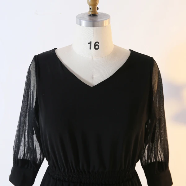 Modern / Fashion Black Plus Size Evening Dresses 2020 A-Line / Princess V-Neck Long Sleeve See-through Buttons Solid Color Tea-length Summer Evening Party Formal Dresses