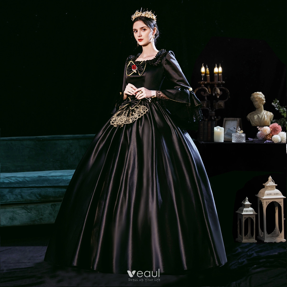 Vintage Originale Medievale Gothique Baroque Noire Robe De Soiree 2021 Bretelles croisees En Dentelle Brode U Cou Cosplay Dansant Manches Longues Hiver Robe Boule Robe De Bal