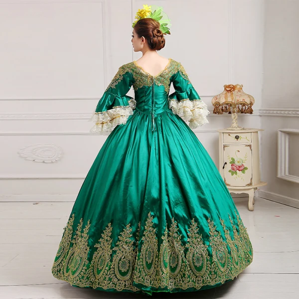 Vintage / Retro Green Puffy Ball Gown Prom Dresses 2018 3/4 Sleeve Charmeuse V-Neck Lace-up Appliques Beading Formal Dresses