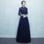 Chic / Beautiful 2017 Navy Blue Evening Dresses  U-Neck Chiffon Pearl A-Line / Princess Homecoming Formal Dresses