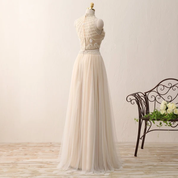 2 Piece Bohemia Champagne Prom Dresses 2017 A-Line / Princess High Neck Sleeveless Beading Ruffle Tulle Floor-Length / Long Formal Dresses