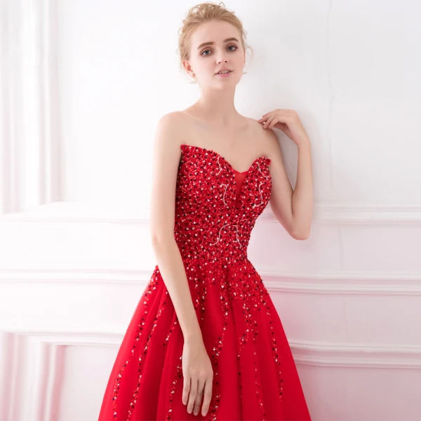 Sparkly Rød Ballkjoler 2017 Prinsesse Uten Ermer Fantastiske / Unike Kjæreste Ryggløse Beading Paljetter Lange Tyll Formelle Kjoler