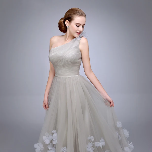 Chic / Beautiful Grey One-Shoulder Prom Dresses 2017 A-Line / Princess Sleeveless Ruffle Tulle Flower Floor-Length / Long Formal Dresses