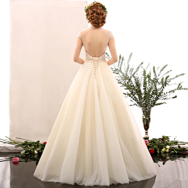 Amazing / Unique Champagne Wedding 2017 A-Line / Princess Organza High Neck Heart-shaped Backless Beading Wedding Dresses