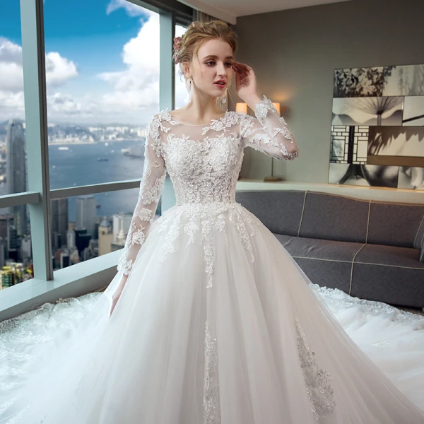 Elegant Wedding Dresses 2017 A-Line / Princess Scoop Neck Long Sleeve Appliques Pierced Lace Backless Chapel Train