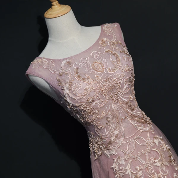 Luxury / Gorgeous Blushing Pink Evening Dresses 2017 Trumpet / Mermaid U-Neck Tulle Beading Backless Embroidered Evening Party Formal Dresses