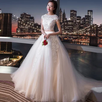 Chic Beautiful 2 Piece White Wedding 2017 A Line Princess U Neck Lace Tulle Beading Appliques Backless Wedding Dresses