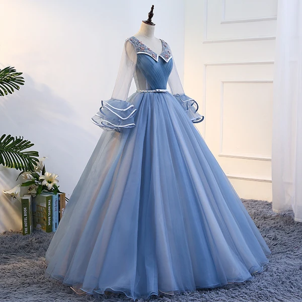 Classic Elegant Sky Blue Prom Dresses 2017 Ball Gown Tulle V-Neck Appliques Backless Beading Prom Formal Dresses