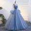Classic Elegant Sky Blue Prom Dresses 2017 Ball Gown Tulle V-Neck Appliques Backless Beading Prom Formal Dresses