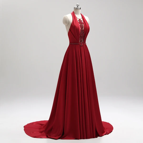 Amazing / Unique Burgundy Evening Dresses 2018 A-Line / Princess Halter Charmeuse Appliques Backless Beading Crystal Evening Party Formal Dresses