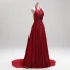 Amazing / Unique Burgundy Evening Dresses  2018 A-Line / Princess Halter Charmeuse Appliques Backless Beading Crystal Evening Party Formal Dresses