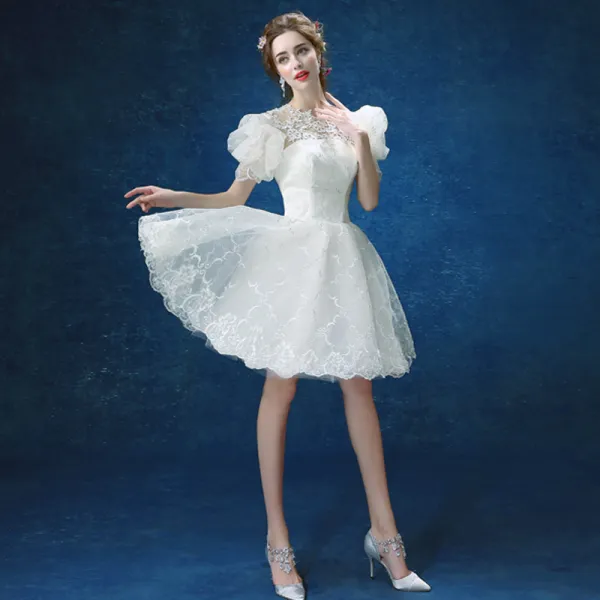 Chic / Beautiful White Wedding 2018 Lace U-Neck A-Line / Princess Beading Appliques Backless Wedding Dresses