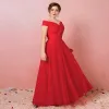 Chic / Beautiful Red Plus Size Evening Dresses  2018 A-Line / Princess Tulle Lace-up Cap Sleeves Backless Strapless Summer Evening Party Formal Dresses