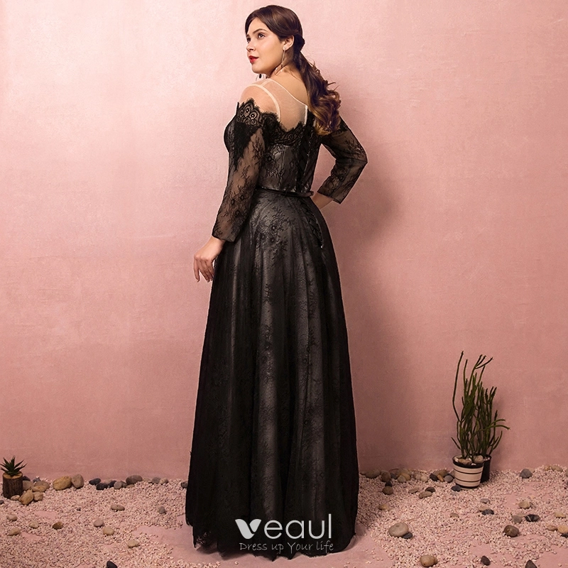 Black Lace Long Sleeve Plus Size Formal Dresses