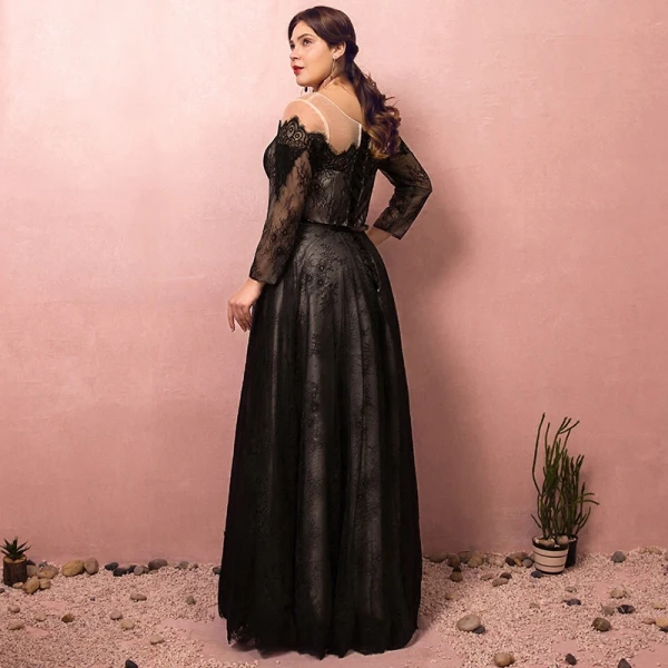 Elegante Único Negro Talla Extra Vestidos de noche 2018 A-Line / Princess Con cordones U-escote Tul Apliques Sin Espalda Noche Vestidos Formales