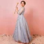 Chic / Belle Gris Grande Taille Robe De Soirée 2018 Princesse Tulle U-Cou Appliques Dos Nu Perlage Fait main Soirée Robe De Ceremonie