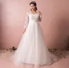 Chic / Beautiful Ivory Plus Size Wedding Dresses 2018 A-Line / Princess V-Neck Lace-up Tulle Zipper Up Appliques Backless Beading Sequins Wedding