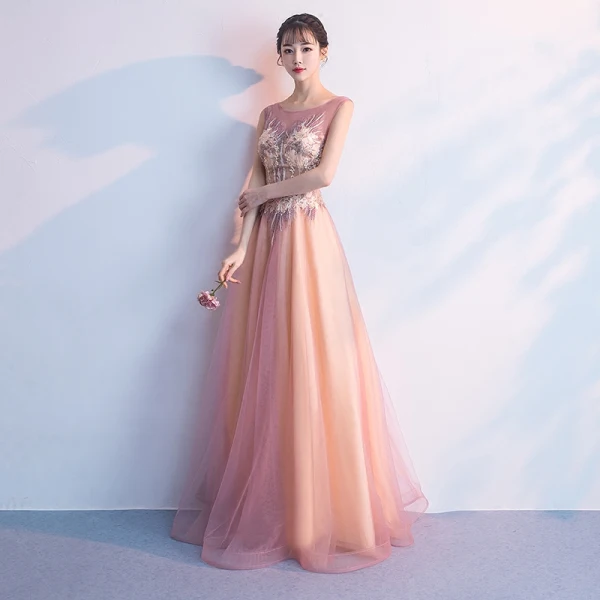Chic / Beautiful Blushing Pink Floor-Length / Long Evening Dresses 2018 A-Line / Princess Tulle U-Neck Appliques Backless Beading Sequins Evening Party Formal Dresses