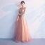Chic / Beautiful Blushing Pink Floor-Length / Long Evening Dresses  2018 A-Line / Princess Tulle U-Neck Appliques Backless Beading Sequins Evening Party Formal Dresses