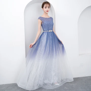 Chic Beautiful Gradient Color Floor Length Long Evening Dresses 2018 A Line Princess Tulle U Neck Striped Backless Evening Party Formal Dresses