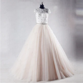 Chic Belle Champagne Cathedral Train Mariage 2018 Princesse Transparentes Tulle Col Haut Dos Nu Perlage Plissée Faux Diamant Robe De Mariée