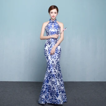Chinese Style Royal Blue Floor Length Long Evening Dresses 2018 High Neck Trumpet Mermaid Charmeuse Printing Evening Party Formal Dresses