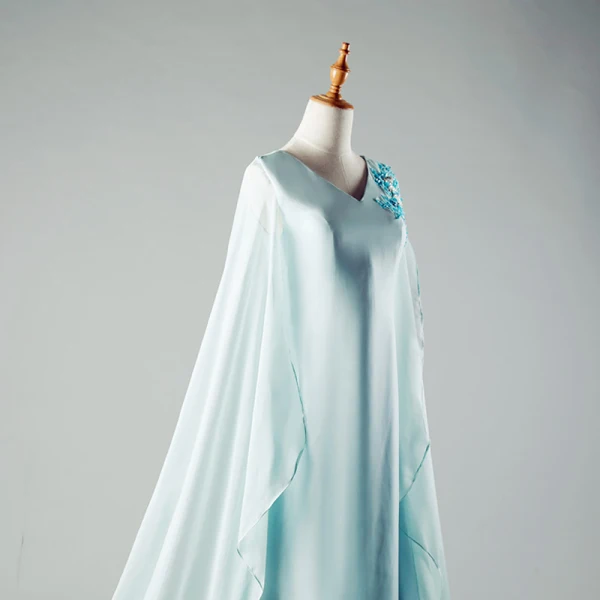Chinese style Sky Blue Chapel Train Evening Dresses 2018 A-Line / Princess V-Neck Tulle With Cloak Appliques Beading Evening Party Formal Dresses