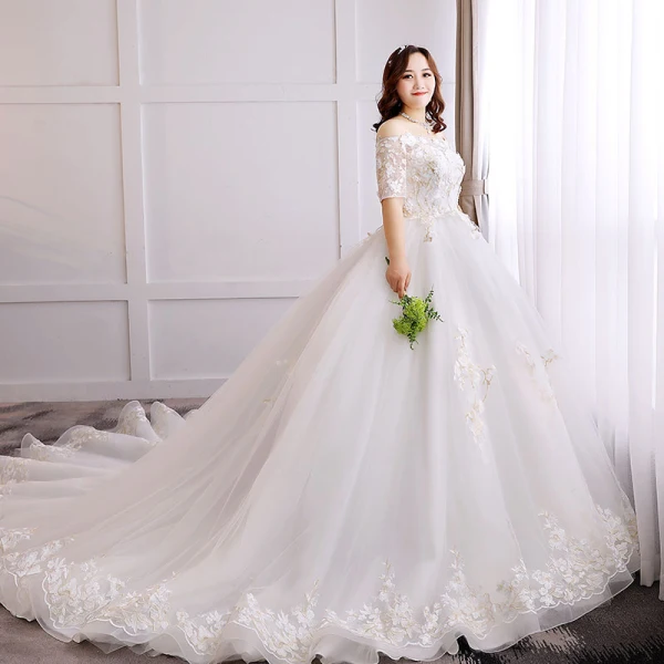 Luxus / Herrlich Weiß Übergröße Ballkleid Brautkleider / Hochzeitskleider 2019 Spitze Tülle Applikationen Rückenfreies Stickerei Handgefertigt Bandeau Kapelle-Schleppe Hochzeit