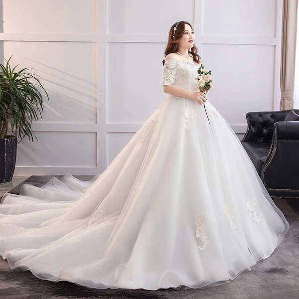 Klassisch Elegante Weiß Übergröße Brautkleider / Hochzeitskleider 2019 A Linie Spitze Tülle Applikationen Rückenfreies Bandeau Kapelle-Schleppe Hochzeit