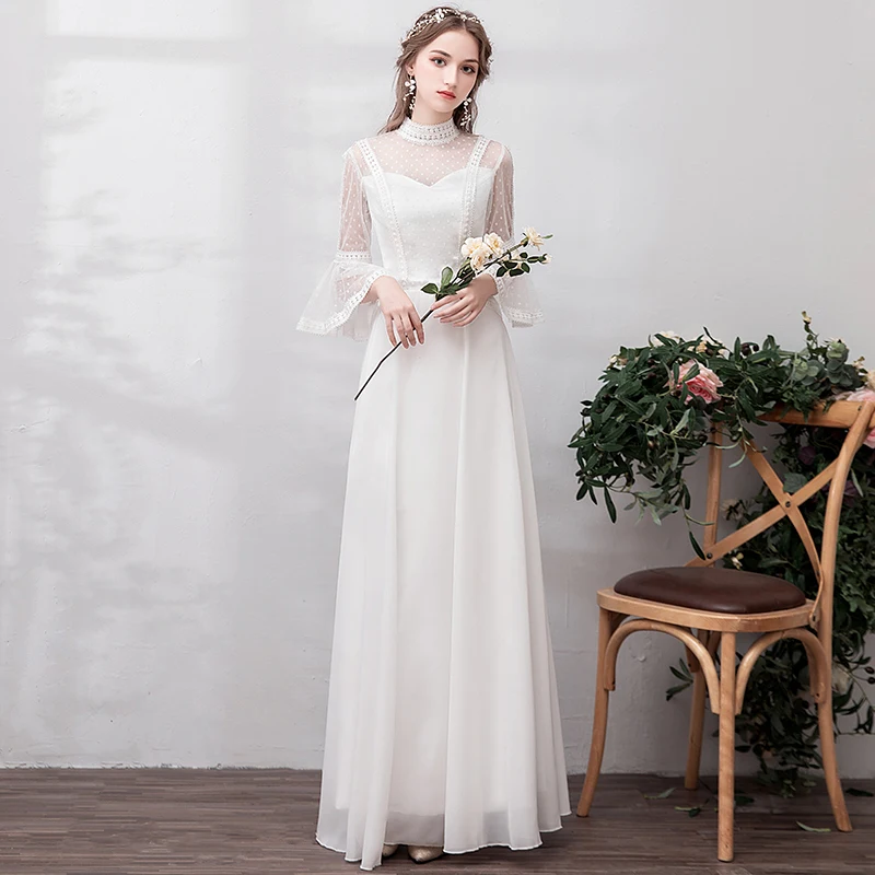 chinese dress ladies Chic White Satin Long Sleeves A-Line Wedding Dresses Long