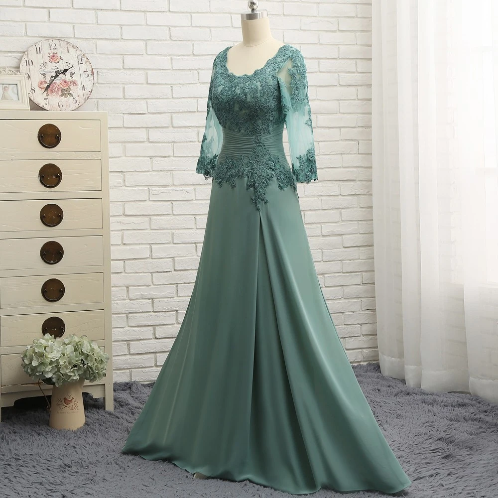 Modest Simple Green A-Line Princess Mother of The Bride Dresses 2019 Chiffon Lace V-Neck