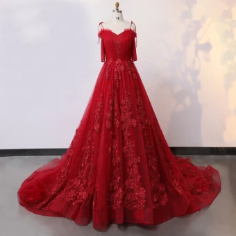 Amazing Unique Fabulous Red Wedding Dresses 2020 A Line Princess V Neck 1 2 Sleeves Handmade Appliques Backless Solid Color Chapel Train Wedding