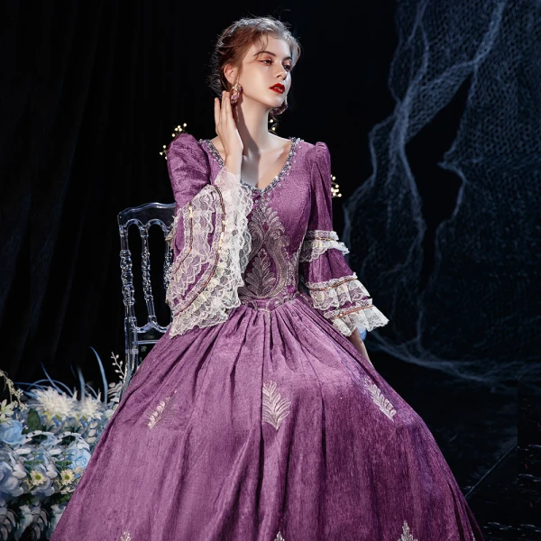 Vintage / Retro Medieval Grape Ball Gown Prom Dresses 2021 Floor-Length / Long 3/4 Sleeve U-Neck Zipper Up Handmade Beading Rhinestone 3D Lace Backless Prom Cosplay Formal Dresses