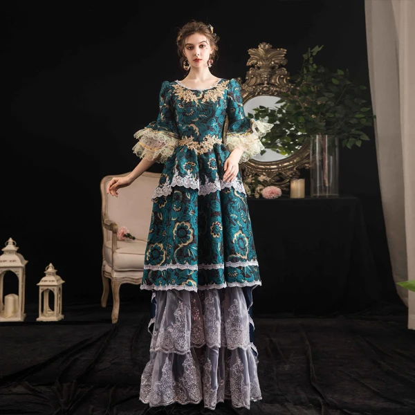 Vintage / Retro Medieval Dark Green Ball Gown Prom Dresses 2021 U-Neck Floor-Length / Long 1/2 Sleeves 3D Lace Flower Printing Cosplay Prom Formal Dresses