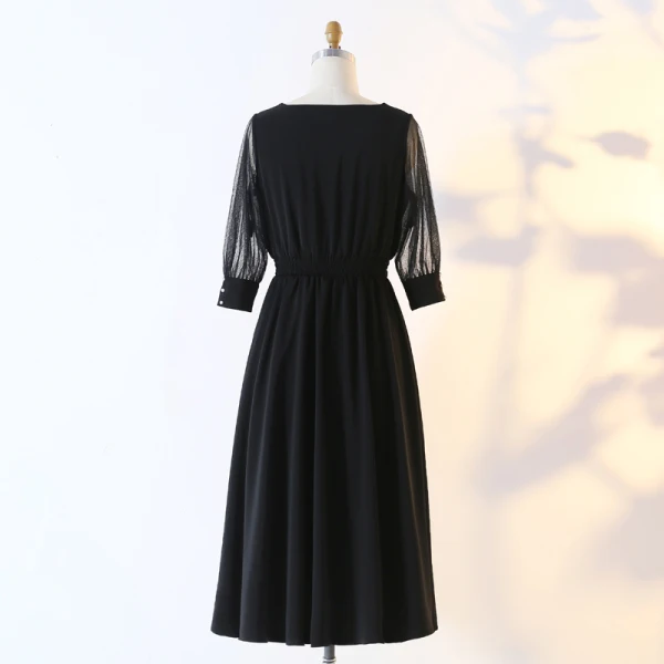 Modern / Fashion Black Plus Size Evening Dresses 2020 A-Line / Princess V-Neck Long Sleeve See-through Buttons Solid Color Tea-length Summer Evening Party Formal Dresses