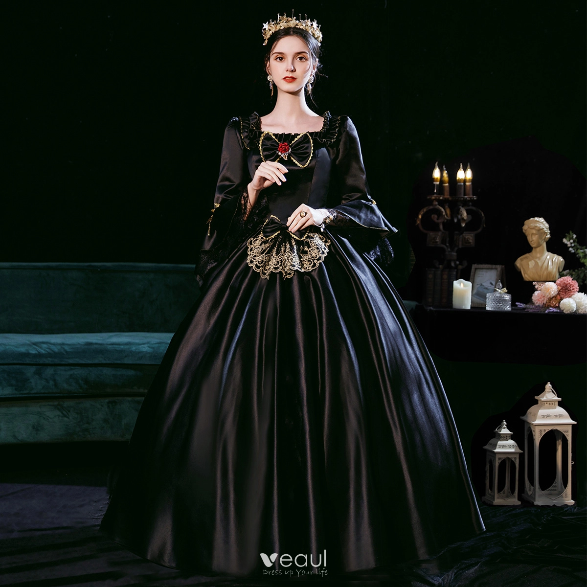 Vintage / Retro Medieval Gothic Baroque Black Evening Dresses 2021 Crossed  Straps Lace Embroidered U-Neck Cosplay Dancing Long Sleeve Winter Ball Gown  Prom Dresses