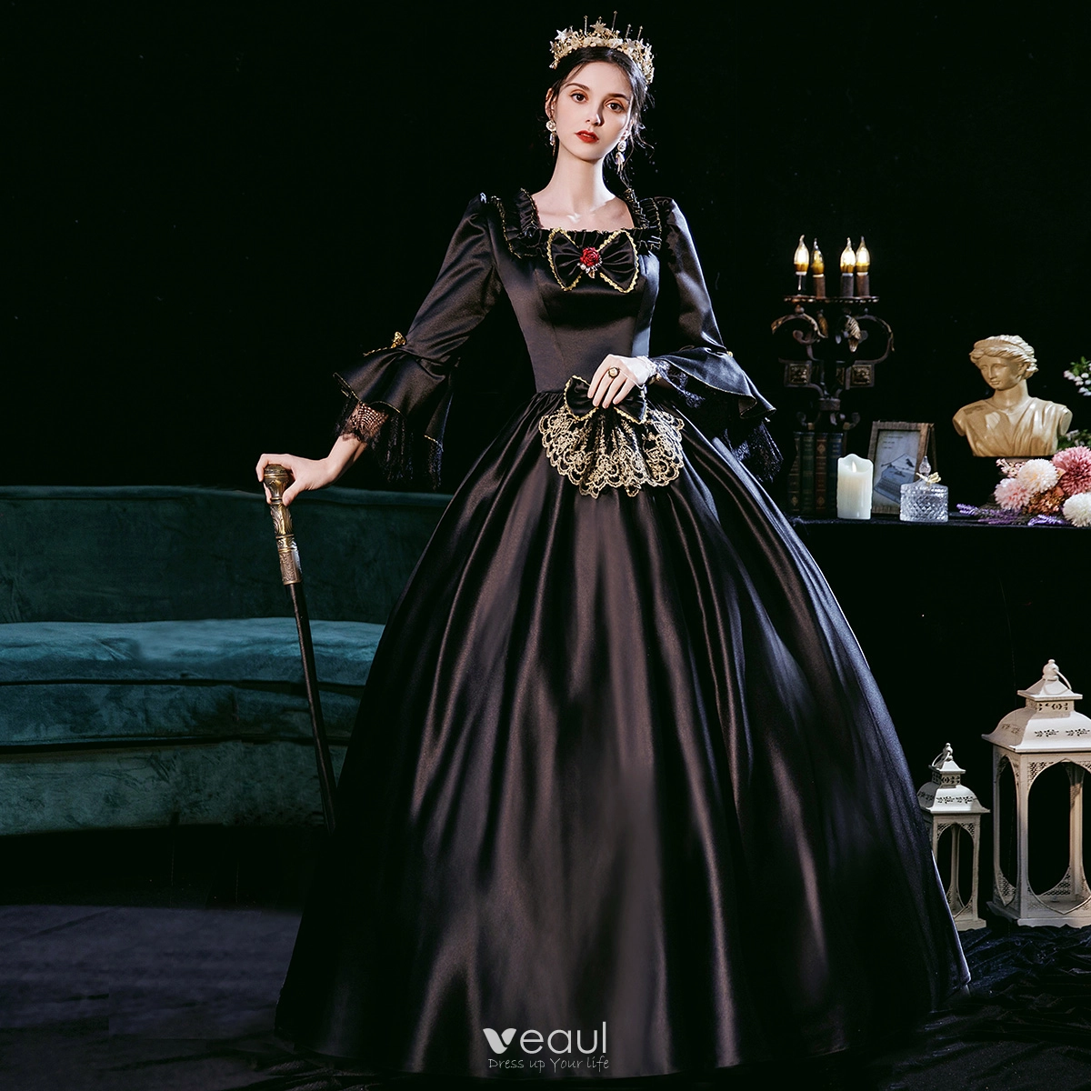 Vintage Originale Medievale Gothique Baroque Noire Robe De Soiree 2021 Bretelles croisees En Dentelle Brode U Cou Cosplay Dansant Manches Longues Hiver Robe Boule Robe De Bal