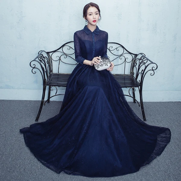 Chic / Beautiful 2017 Navy Blue Evening Dresses  U-Neck Chiffon Pearl A-Line / Princess Homecoming Formal Dresses