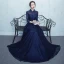 Chic / Beautiful 2017 Navy Blue Evening Dresses  U-Neck Chiffon Pearl A-Line / Princess Homecoming Formal Dresses