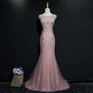 Luxe Rougissant Rose Robe De Soirée 2017 Trompette Sirène U Cou Tulle Perlage Dos Nu Brodé Soirée Robe De Ceremonie