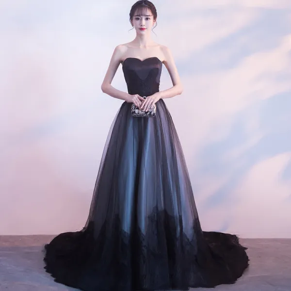 Amazing / Unique Black Prom Dresses 2017 A-Line / Princess Strapless Lace Tulle Appliques Backless Prom Formal Dresses