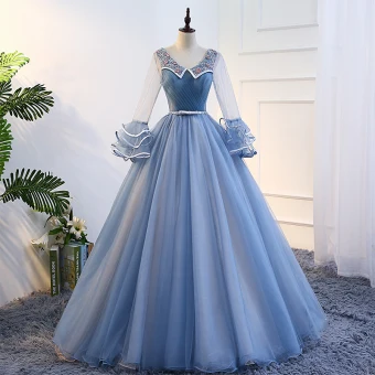 Classique Élégant Bleu Ciel Robe De Bal 2017 Robe Boule Tulle V Cou Appliques Dos Nu Perlage Promo Robe De Ceremonie