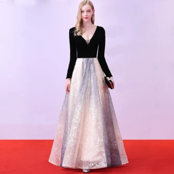 Chic Belle Noire Robe De Soirée 2018 Princesse Longue Tulle V Cou Perlage Impression Soirée Robe De Ceremonie