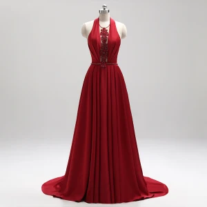 Amazing Unique Burgundy Evening Dresses 2018 A Line Princess Halter Charmeuse Appliques Backless Beading Crystal Evening Party Formal Dresses