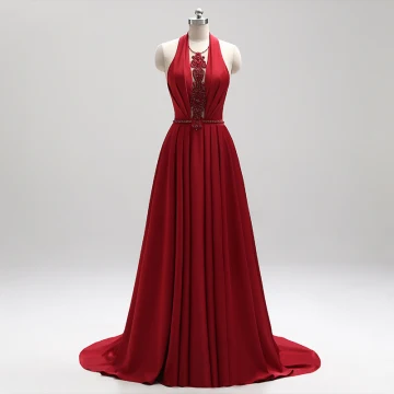 Amazing Unique Burgundy Evening Dresses 2018 A Line Princess Halter Charmeuse Appliques Backless Beading Crystal Evening Party Formal Dresses