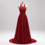 Amazing / Unique Burgundy Evening Dresses  2018 A-Line / Princess Halter Charmeuse Appliques Backless Beading Crystal Evening Party Formal Dresses