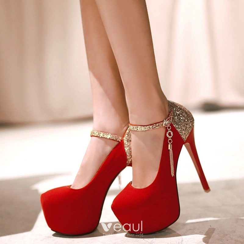 Chic Beautiful Red 13 cm 2018 Pointed Toe Stiletto Heels Ankle Strap Beading Glitter Rhinestone Sequins